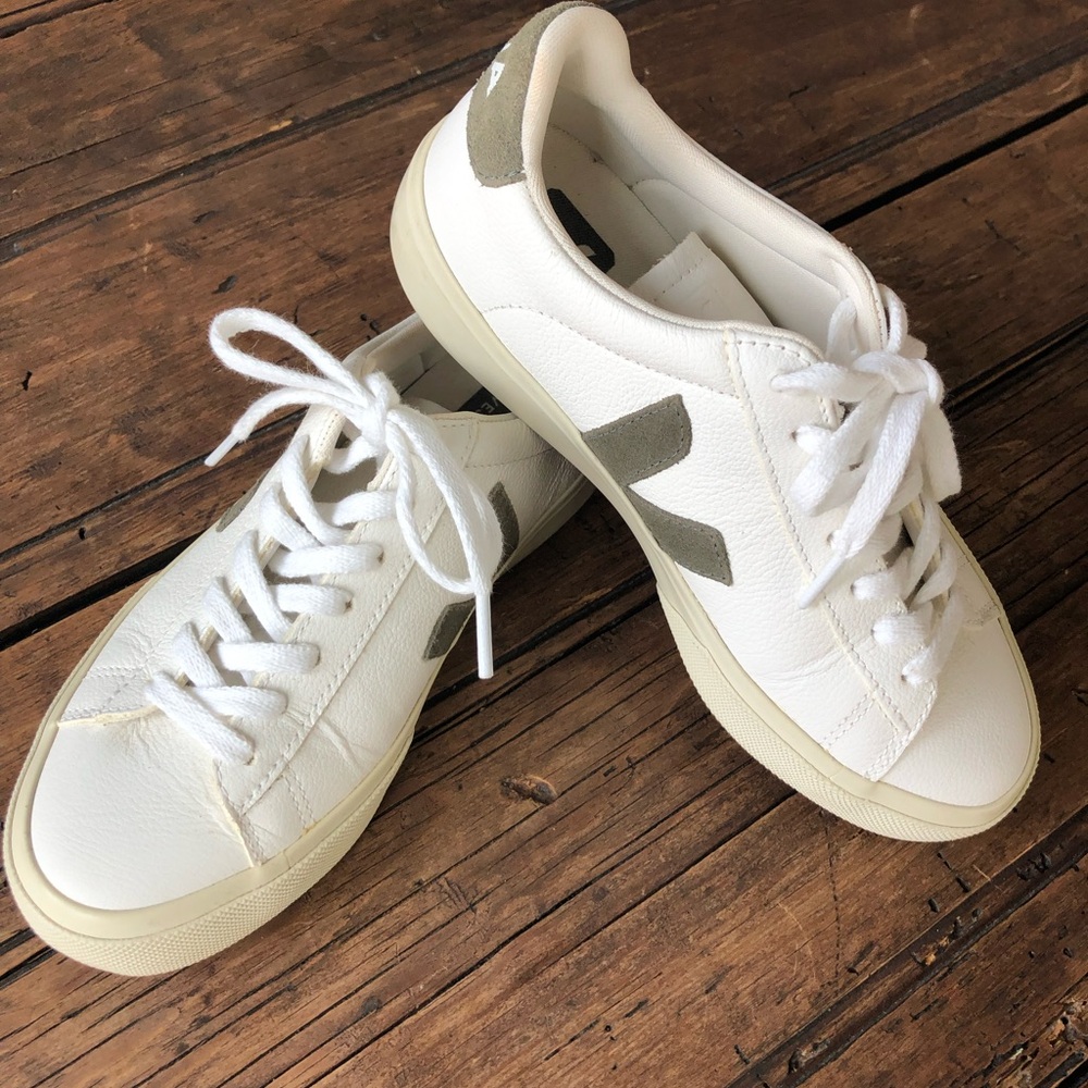 Veja Women's White Leather Sneakers with Taupe Suede V